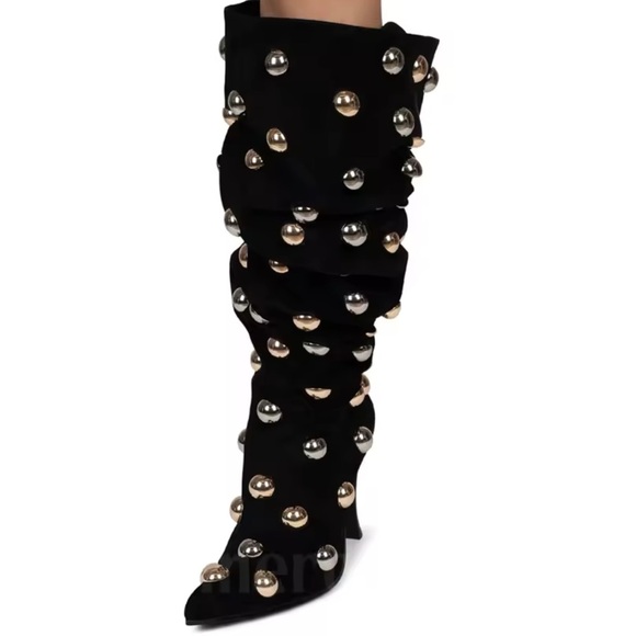 New Jeffrey Campbell Slouchy Over The Knee Studded Black Suede Boots - Picture 3 of 15